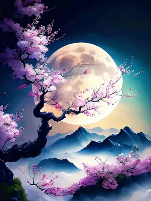 MomoArt Moon Landscape Diamond Painting Kit – Tree & Flower Night Scene DIY Mosaic Art for Home Decor