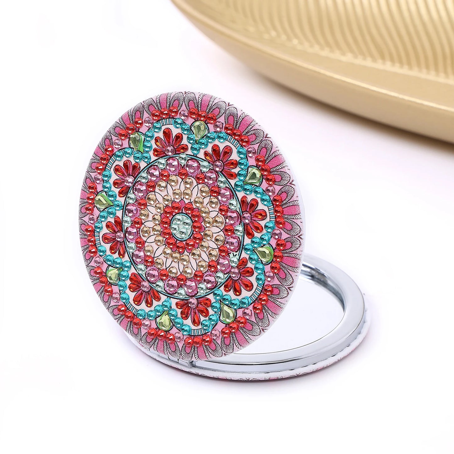 DIY Mandala Diamond Painting Mirror Kit – Portable Folding Compact Leather Mirror for Women, Diamond Art Craft for Adults