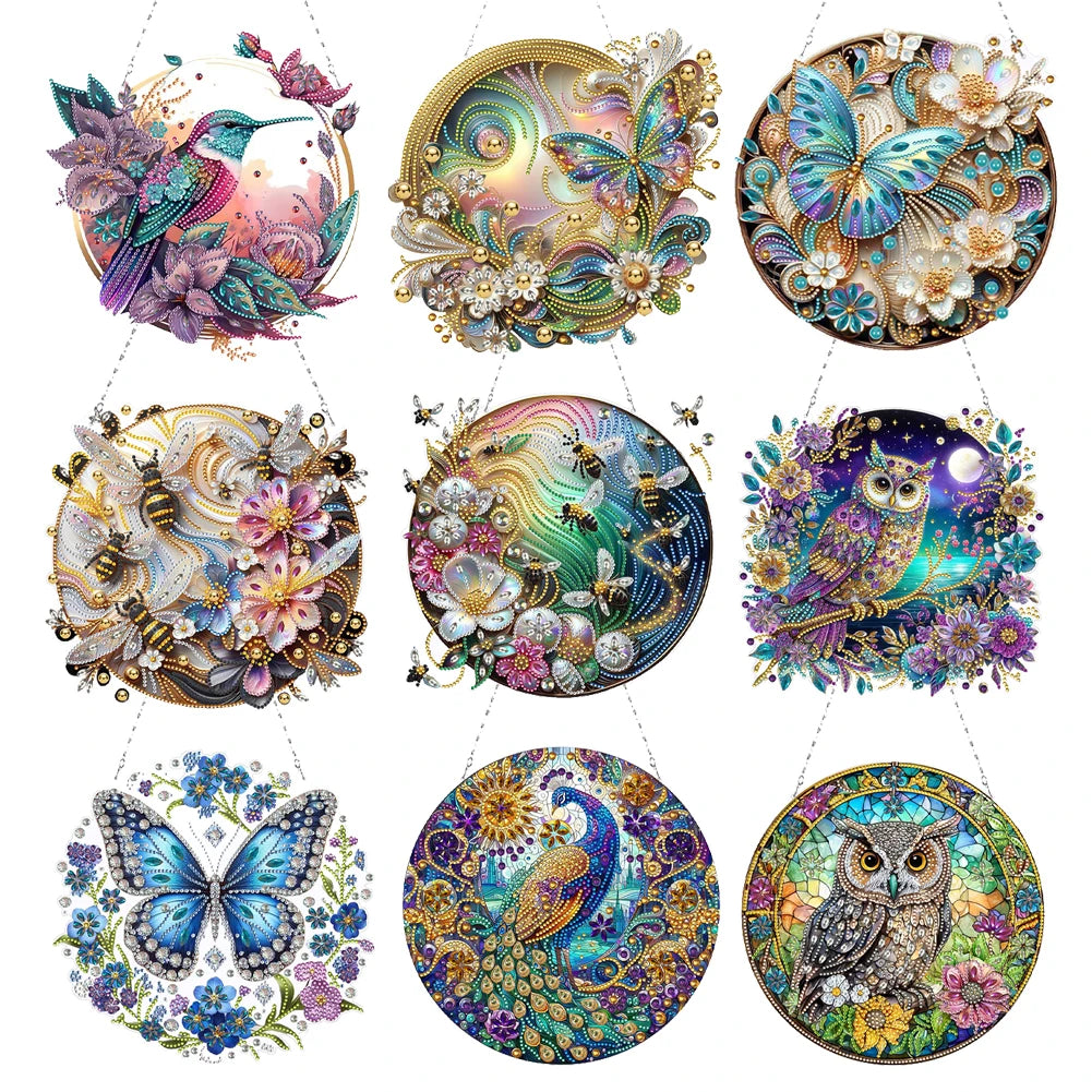 5D DIY Diamond Painting Hanging Pendants – Double-Sided Special Shape Bee, Owl & Peacock Suncatcher Ornaments for Wall & Window Décor