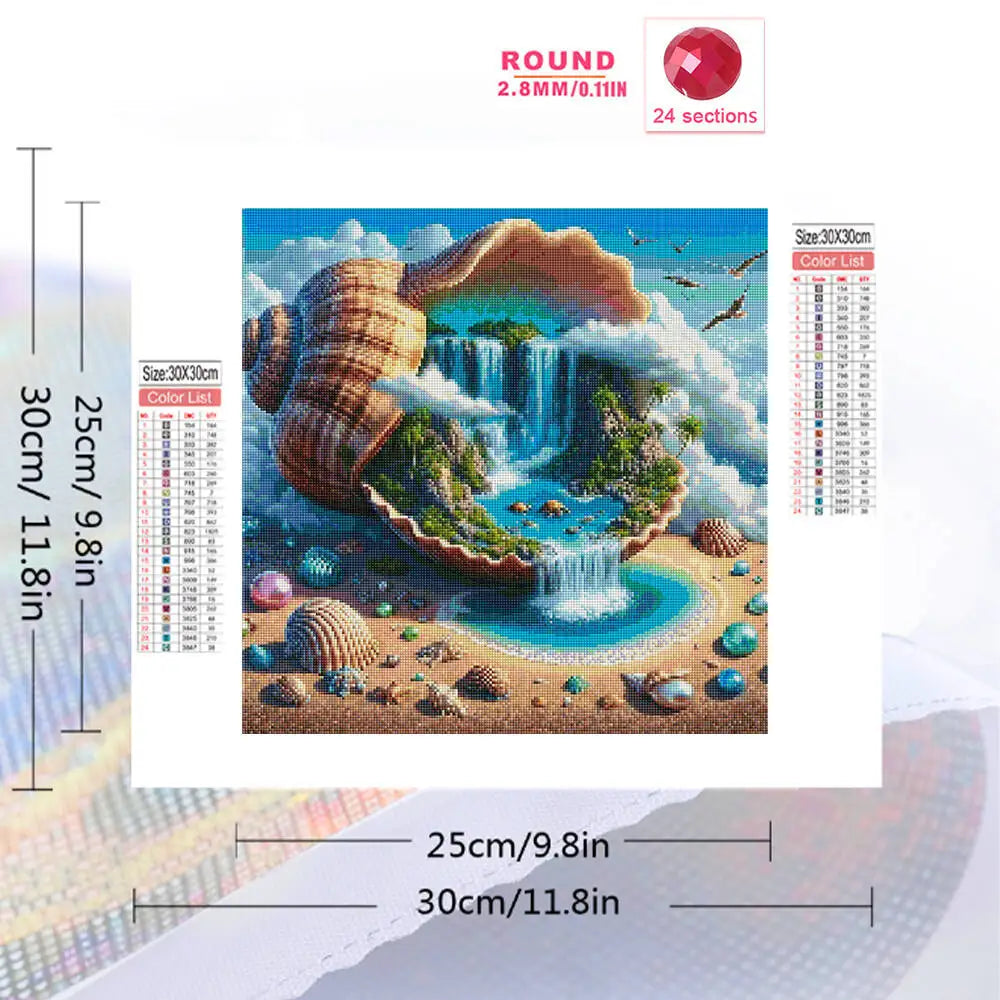Momoart Conch & Waterfall Diamond Painting Kit – Full Square/Round Drill Abstract Shell Landscape Mosaic for DIY Embroidery & Home Decor