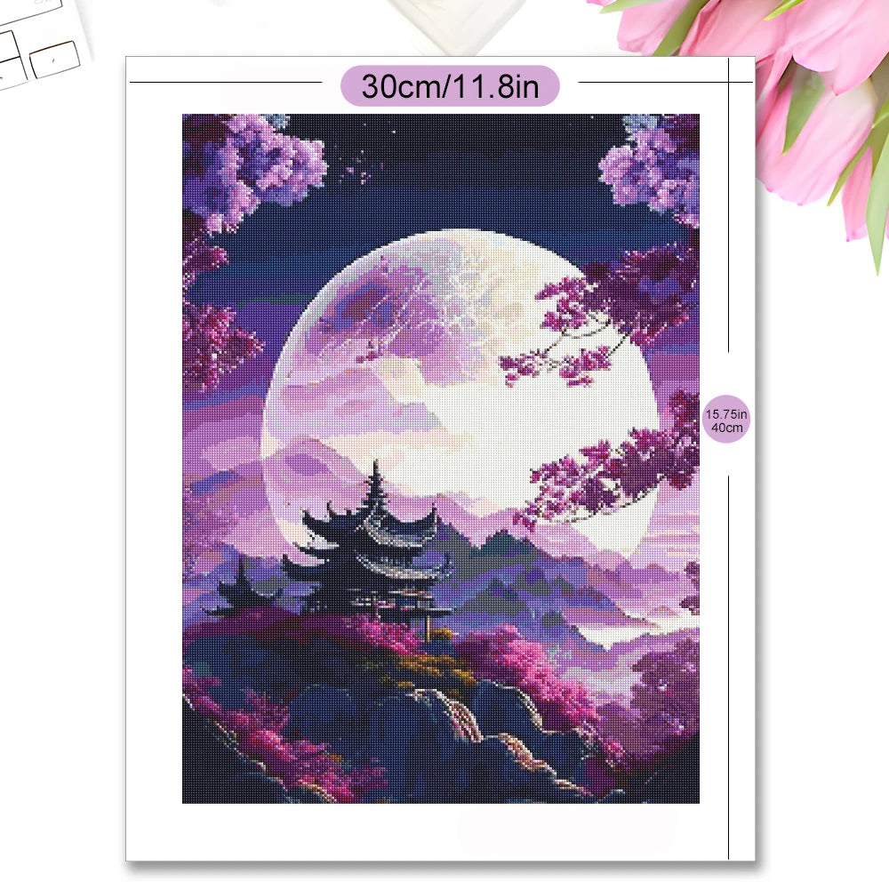 MomoArt Moon Landscape Diamond Painting Kit – Tree & Flower Night Scene DIY Mosaic Art for Home Decor