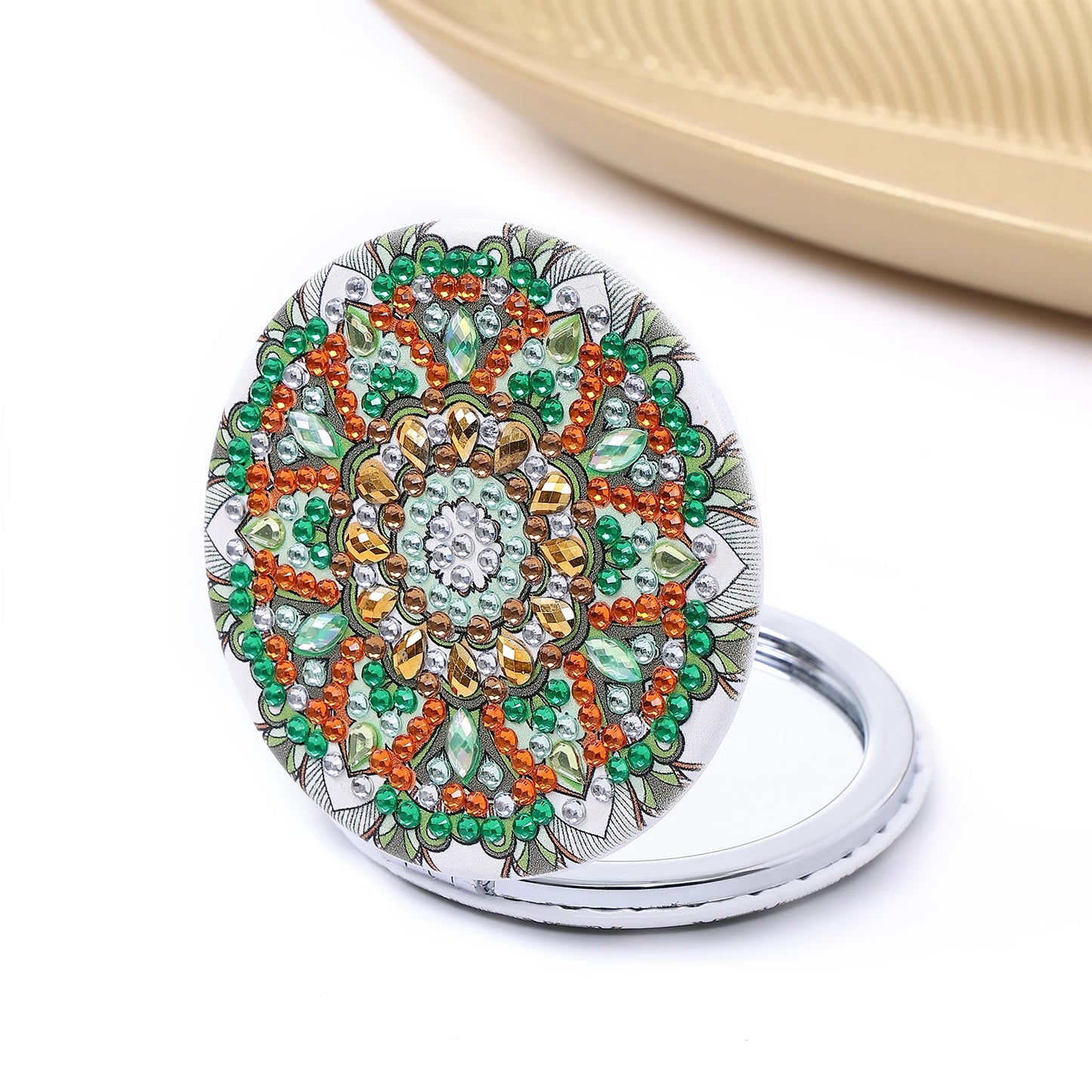 DIY Mandala Diamond Painting Mirror Kit – Portable Folding Compact Leather Mirror for Women, Diamond Art Craft for Adults