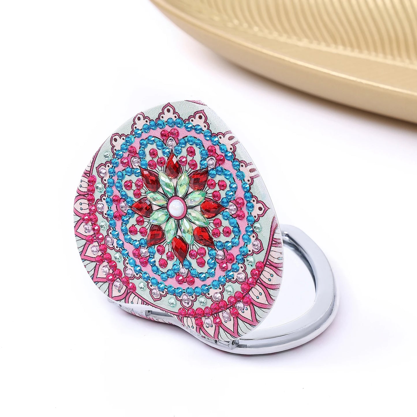 DIY Mandala Diamond Painting Mirror Kit – Portable Folding Compact Leather Mirror for Women, Diamond Art Craft for Adults