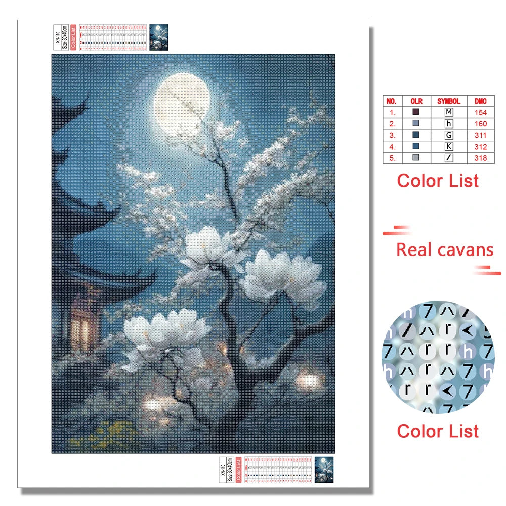 MomoArt Moon Landscape Diamond Painting Kit – Tree & Flower Night Scene DIY Mosaic Art for Home Decor