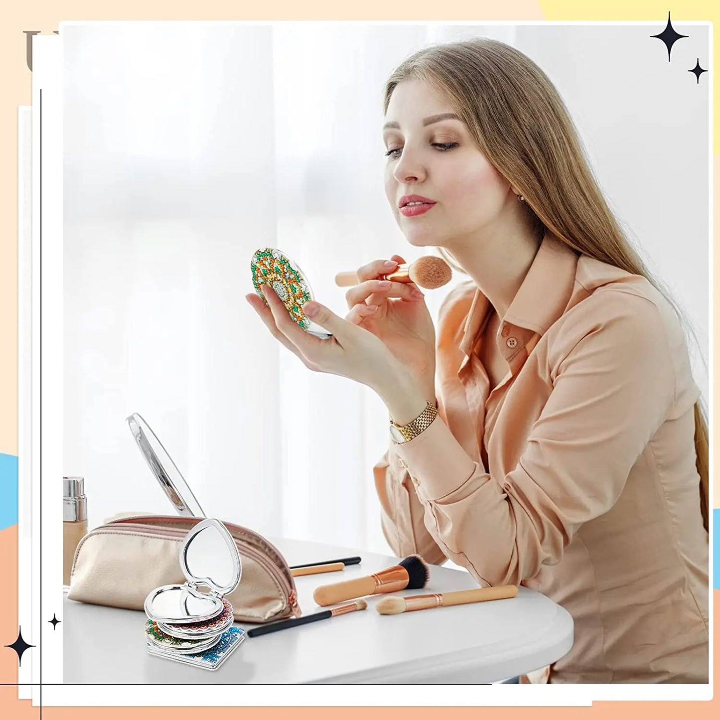DIY Mandala Diamond Painting Mirror Kit – Portable Folding Compact Leather Mirror for Women, Diamond Art Craft for Adults