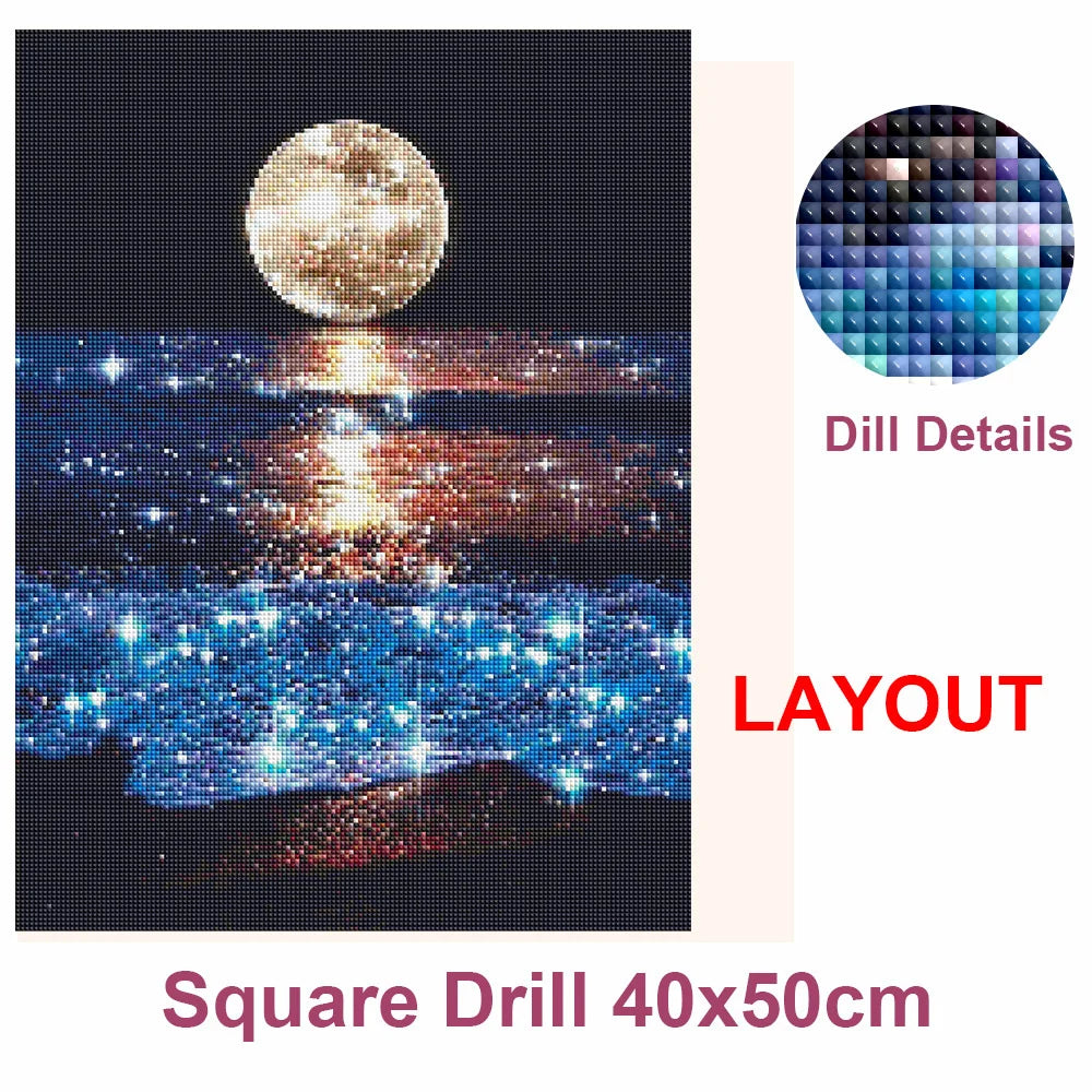AZQSD 2024 Moon Seaside Landscape Diamond Painting Kit – Full Square/Round Drill Night Scenery Embroidery Mosaic Art for Home Decor