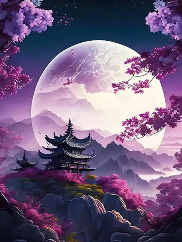 MomoArt Moon Landscape Diamond Painting Kit – Tree & Flower Night Scene DIY Mosaic Art for Home Decor
