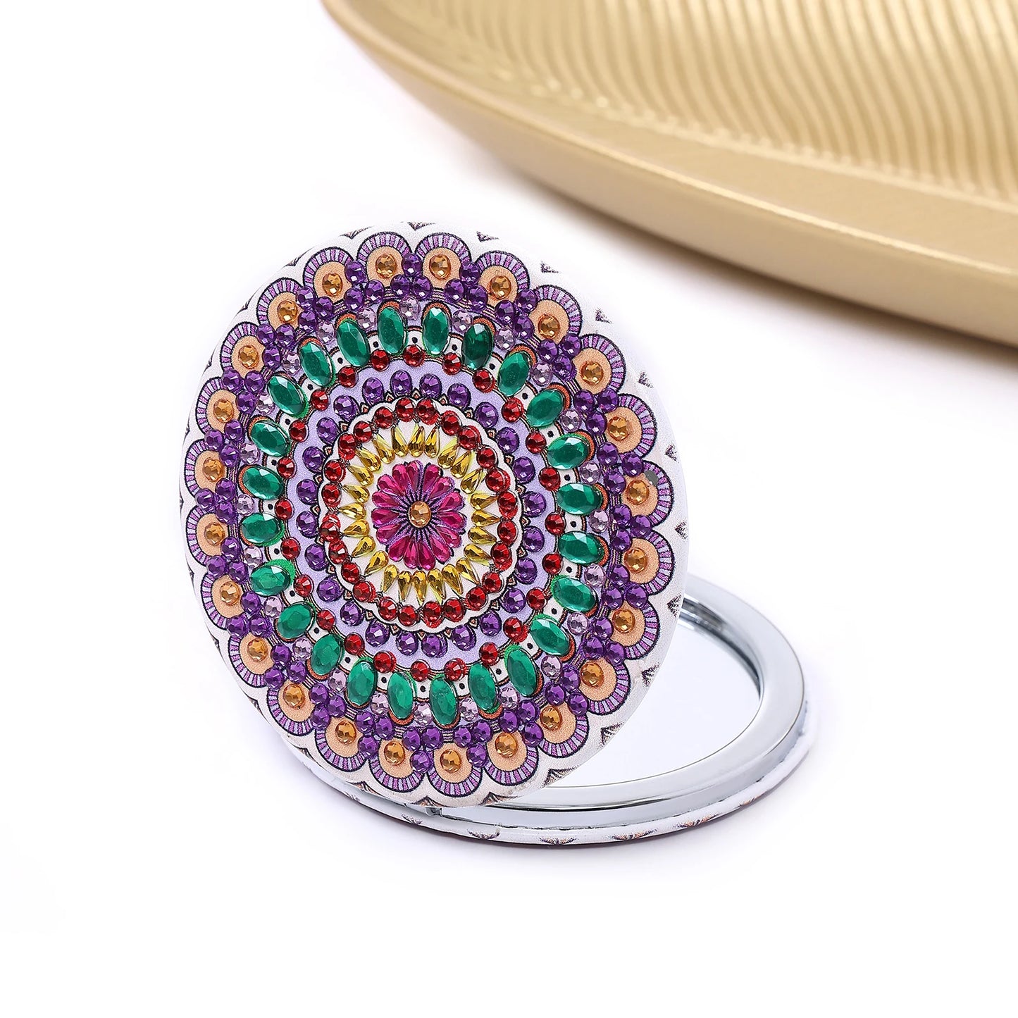 DIY Mandala Diamond Painting Mirror Kit – Portable Folding Compact Leather Mirror for Women, Diamond Art Craft for Adults