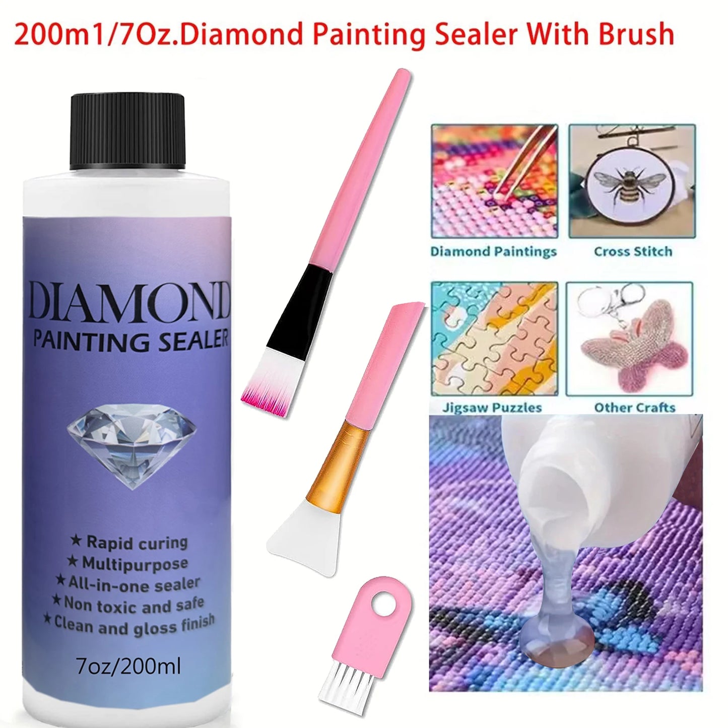 Diamond Painting Sealer – 60ML/120ML/200ML with 3 Brushes | Permanent Hold & Gloss Finish Glue for Diamond Art, Puzzles & Crafts