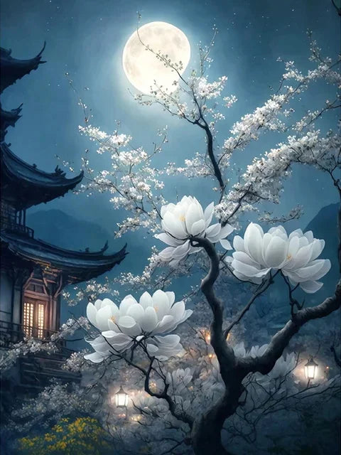 MomoArt Moon Landscape Diamond Painting Kit – Tree & Flower Night Scene DIY Mosaic Art for Home Decor
