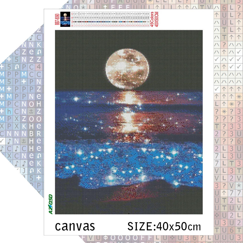 AZQSD 2024 Moon Seaside Landscape Diamond Painting Kit – Full Square/Round Drill Night Scenery Embroidery Mosaic Art for Home Decor