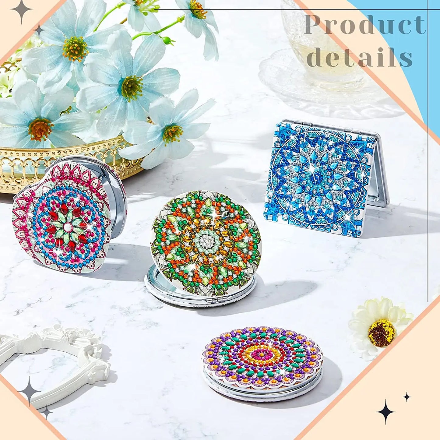 DIY Mandala Diamond Painting Mirror Kit – Portable Folding Compact Leather Mirror for Women, Diamond Art Craft for Adults