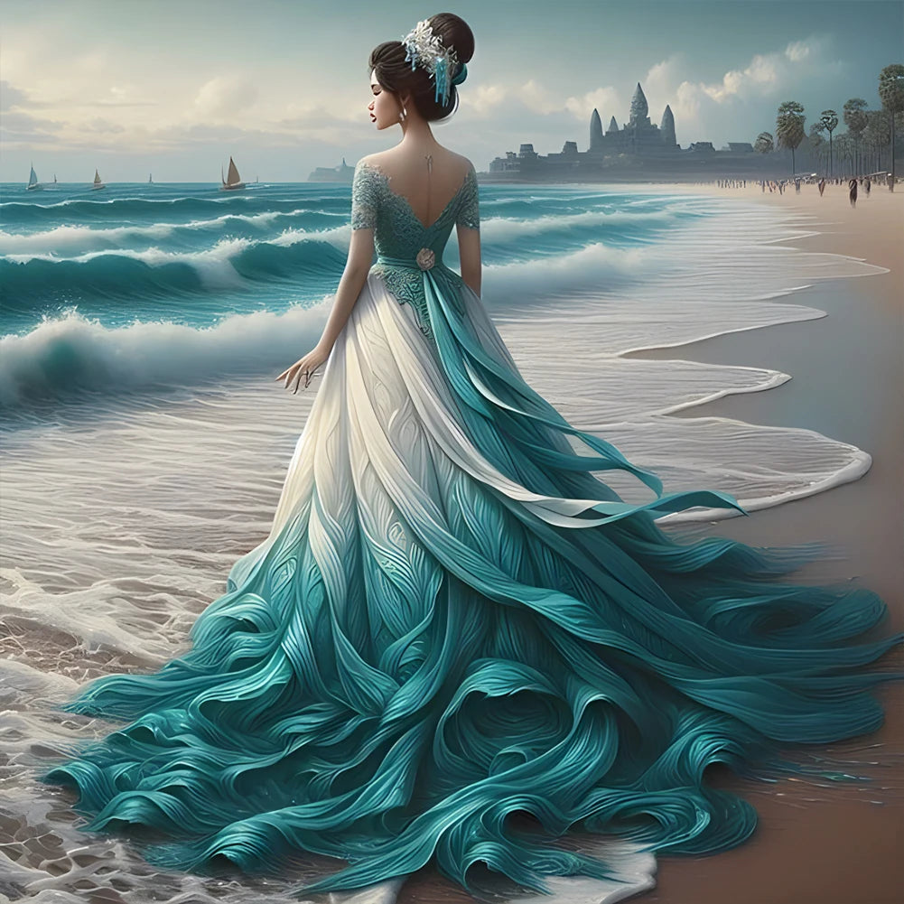 40x40cm 5D DIY Seaside Girl Diamond Painting Kit – Full Drill Square & Round Mosaic Cross Stitch Art for Home Wall Décor