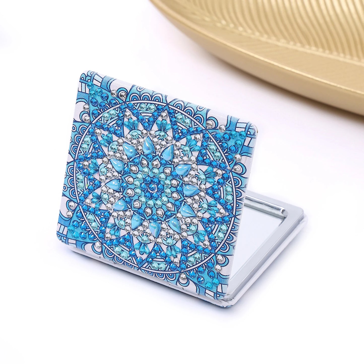 DIY Mandala Diamond Painting Mirror Kit – Portable Folding Compact Leather Mirror for Women, Diamond Art Craft for Adults