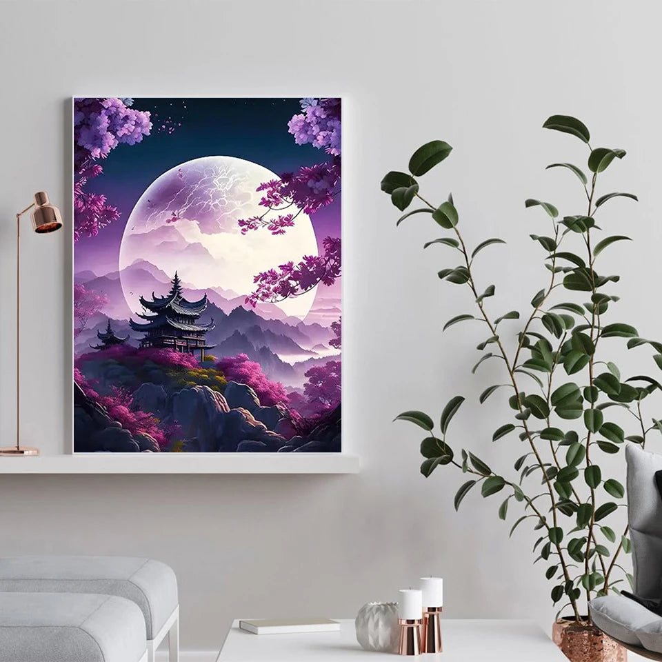 MomoArt Moon Landscape Diamond Painting Kit – Tree & Flower Night Scene DIY Mosaic Art for Home Decor