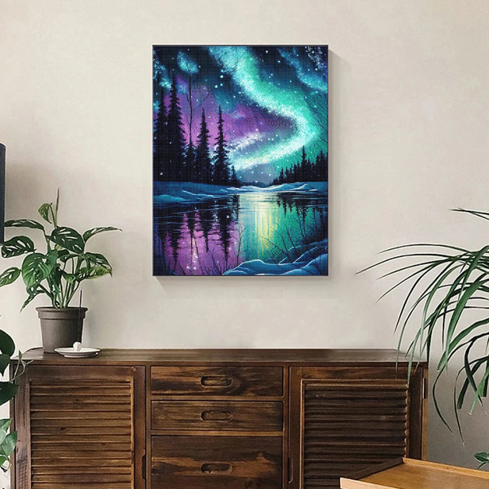 5D Diamond Painting Aurora Landscape Kit – Full Round Drill Mosaic Embroidery with Rhinestones for DIY Home Decoration & Gift
