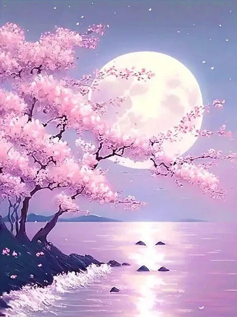 MomoArt Moon Landscape Diamond Painting Kit – Tree & Flower Night Scene DIY Mosaic Art for Home Decor