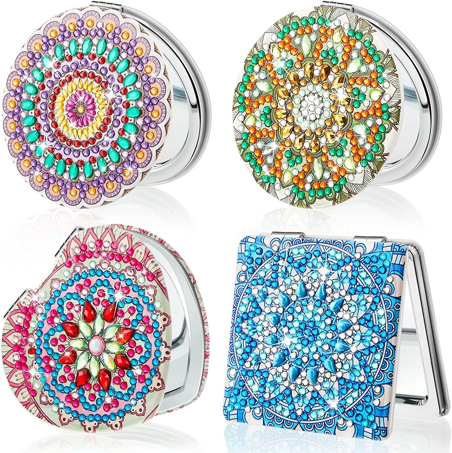 DIY Mandala Diamond Painting Mirror Kit – Portable Folding Compact Leather Mirror for Women, Diamond Art Craft for Adults