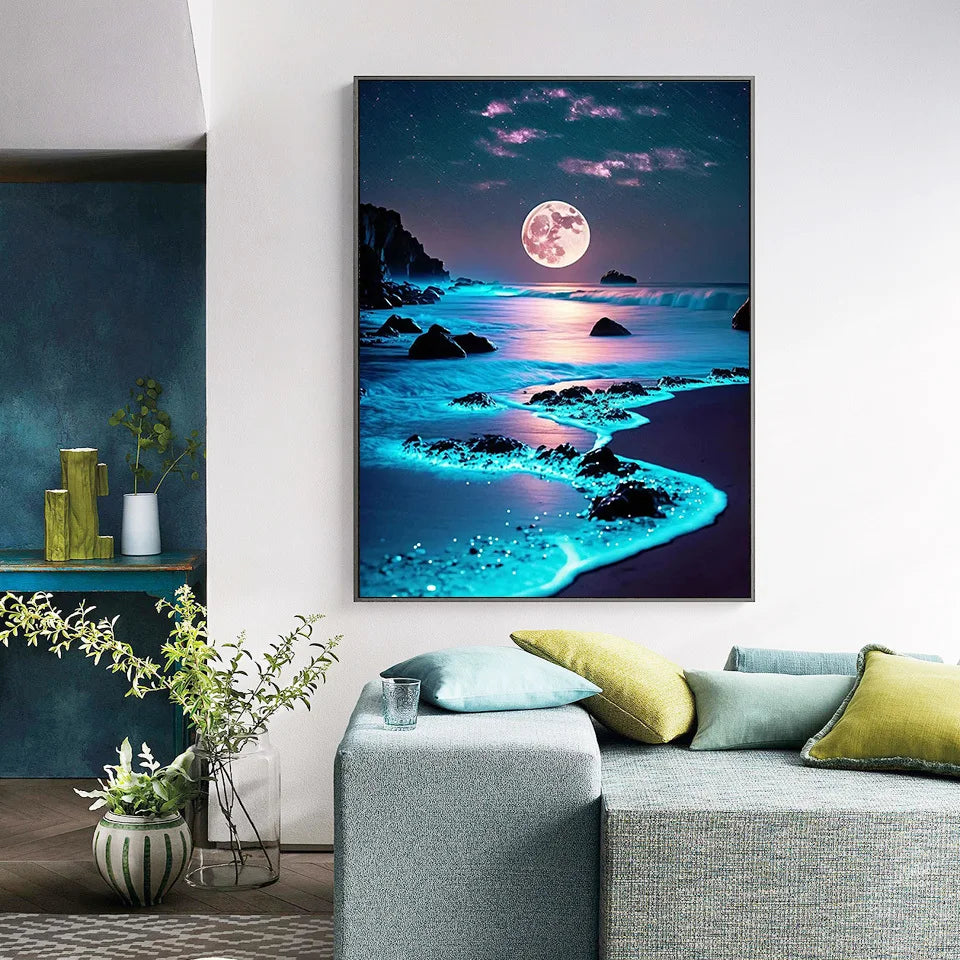 AZQSD 2024 Moon Seaside Landscape Diamond Painting Kit – Full Square/Round Drill Night Scenery Embroidery Mosaic Art for Home Decor