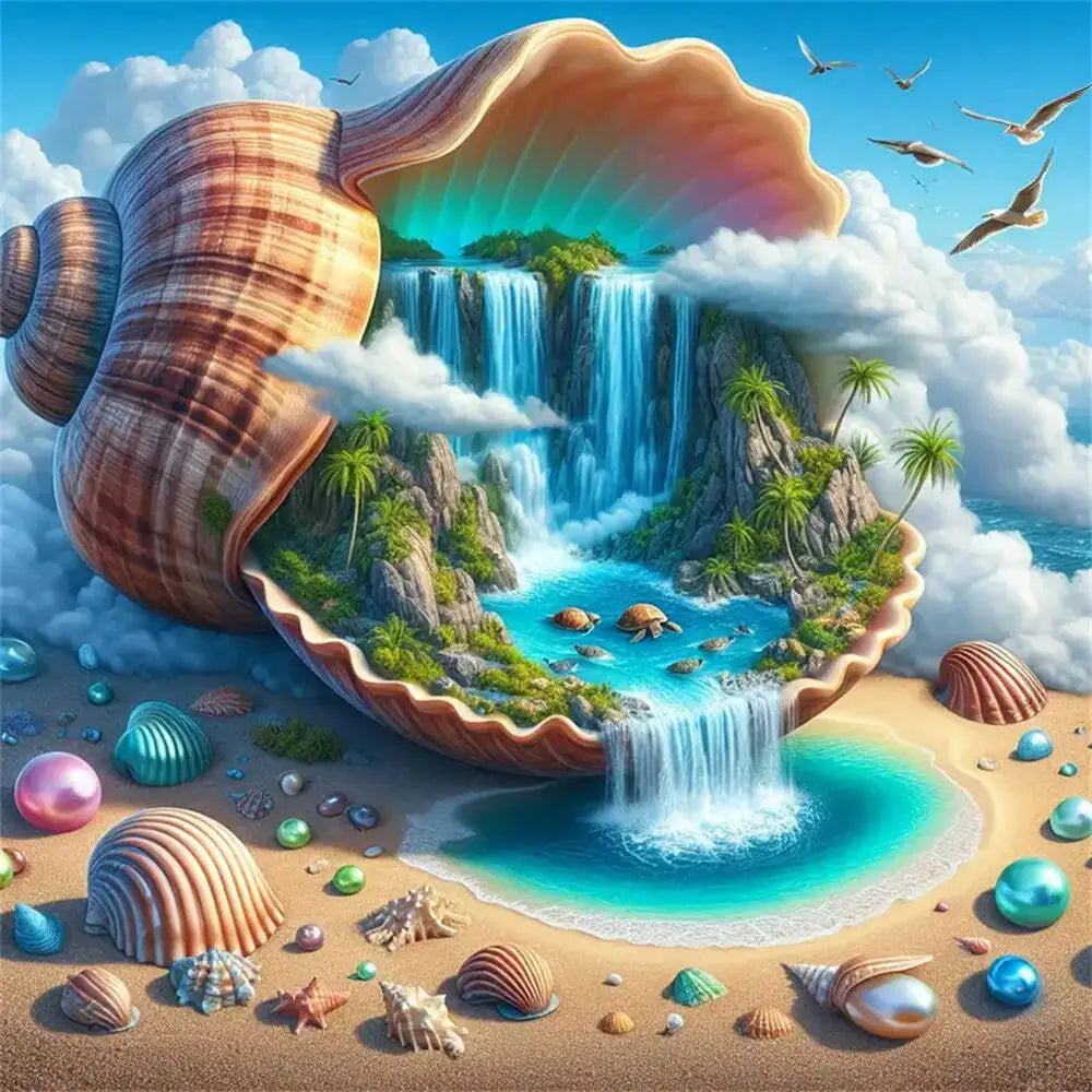 Momoart Conch & Waterfall Diamond Painting Kit – Full Square/Round Drill Abstract Shell Landscape Mosaic for DIY Embroidery & Home Decor