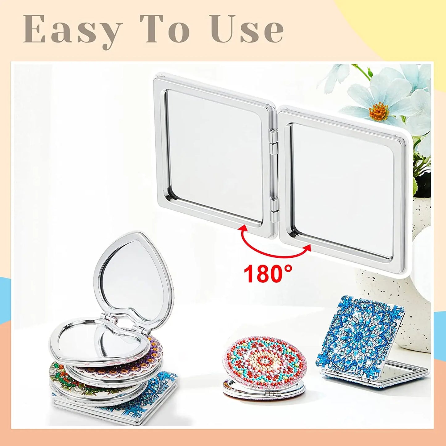 DIY Mandala Diamond Painting Mirror Kit – Portable Folding Compact Leather Mirror for Women, Diamond Art Craft for Adults
