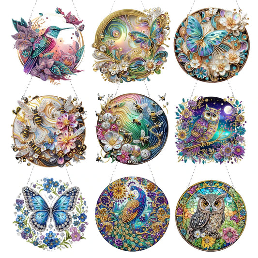 5D DIY Diamond Painting Hanging Pendants – Double-Sided Special Shape Bee, Owl & Peacock Suncatcher Ornaments for Wall & Window Décor