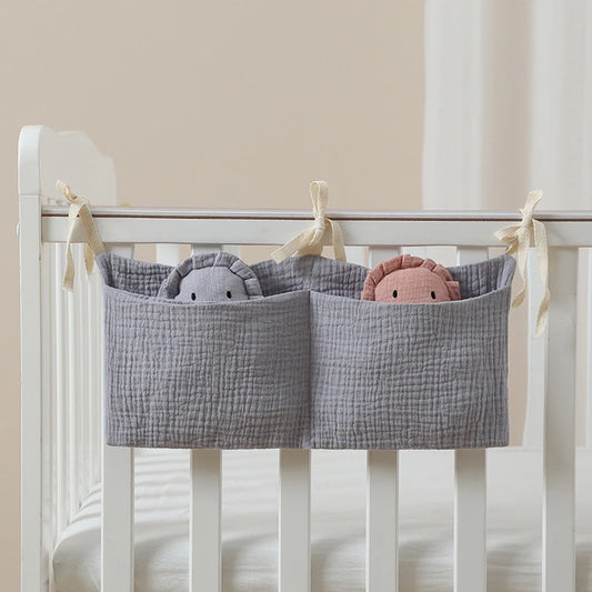 **100% Cotton Baby Crib Storage Bag – Multifunctional Newborn Bed Headboard Organizer & Diaper Bag for Kids**
