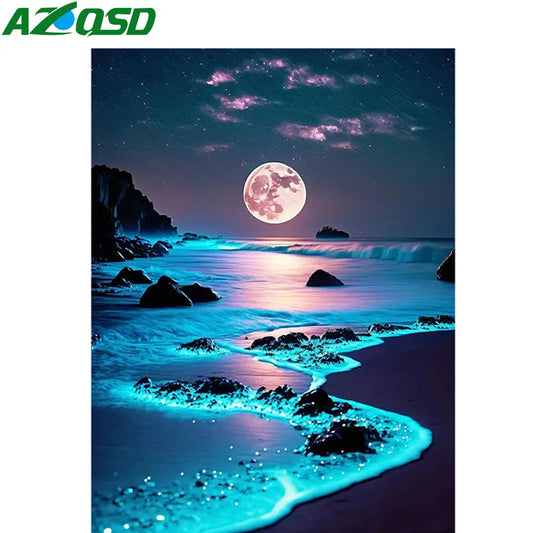 AZQSD 2024 Moon Seaside Landscape Diamond Painting Kit – Full Square/Round Drill Night Scenery Embroidery Mosaic Art for Home Decor