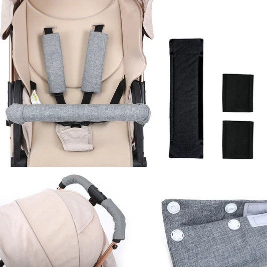Stroller Armrest Cover & Guardrail Protector – Soft Cotton Gauze Fence Wrap with Seat Belt Shoulder Pads for Baby Safety & Comfort