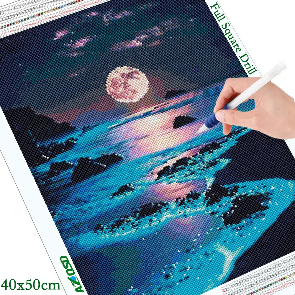 AZQSD 2024 Moon Seaside Landscape Diamond Painting Kit – Full Square/Round Drill Night Scenery Embroidery Mosaic Art for Home Decor