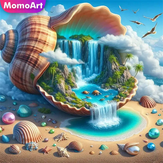Momoart Conch & Waterfall Diamond Painting Kit – Full Square/Round Drill Abstract Shell Landscape Mosaic for DIY Embroidery & Home Decor