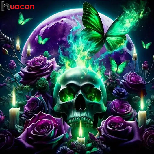 Huacan New Arrivals Skull Diamond Painting Kit – Full Square & Round Drill Mosaic Flower Rose Art DIY Craft & Wall Decoration Gift