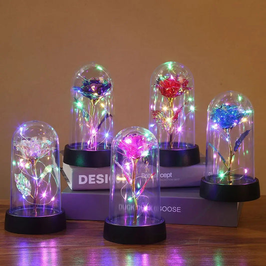 Valentine’s Day Gift for Girlfriend – Eternal Rose LED Light Foil Flower in Glass Dome – Mothers Day, Wedding Favors & Bridesmaid Gift
