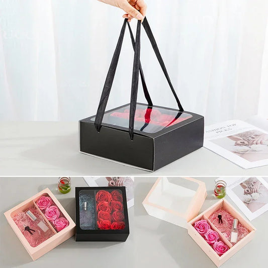 Flower Gift Box with Handle & Transparent PVC Window – Rose, Candy, Dessert Packaging for Valentine's Day, New Year & Special Occasions