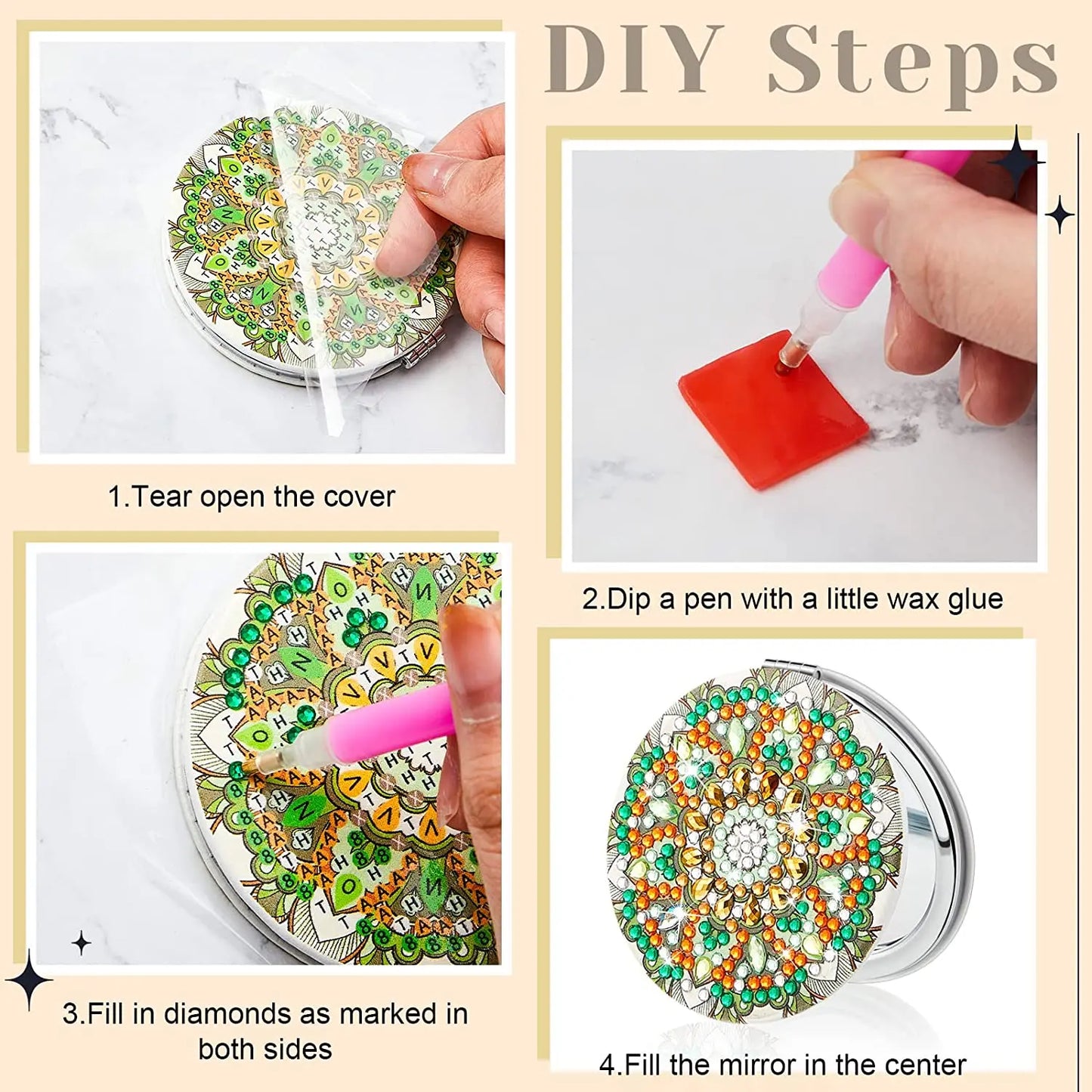 DIY Mandala Diamond Painting Mirror Kit – Portable Folding Compact Leather Mirror for Women, Diamond Art Craft for Adults