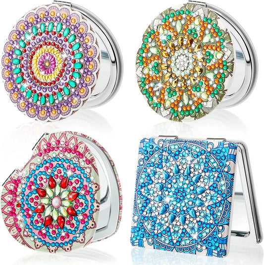 DIY Mandala Diamond Painting Mirror Kit – Portable Folding Compact Leather Mirror for Women, Diamond Art Craft for Adults
