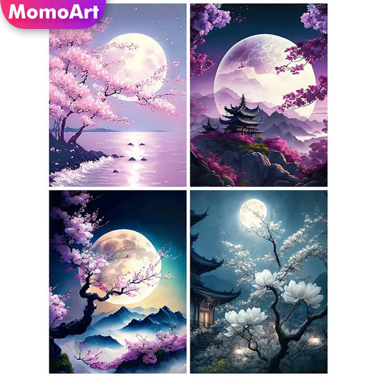 MomoArt Moon Landscape Diamond Painting Kit – Tree & Flower Night Scene DIY Mosaic Art for Home Decor