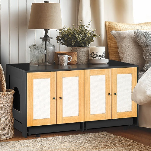 Double Cat Litter Box Enclosure – Hidden Litter Box Furniture for 2 Cats with Rattan Doors, 47” Wide, Black Finish