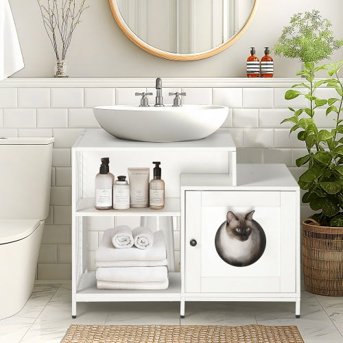 White Cat Litter Box Enclosure – Hidden Pet Washroom Cabinet with Divider for Large Cats, Indoor Litter House for Bathroom