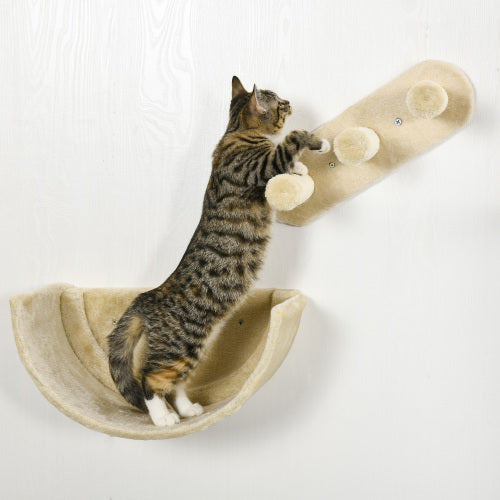 PawHut 4-Piece Cat Wall Shelves Set with Hammock, Scratching Post & Perches – Beige Cat Climbing Furniture for Sleeping & Playing